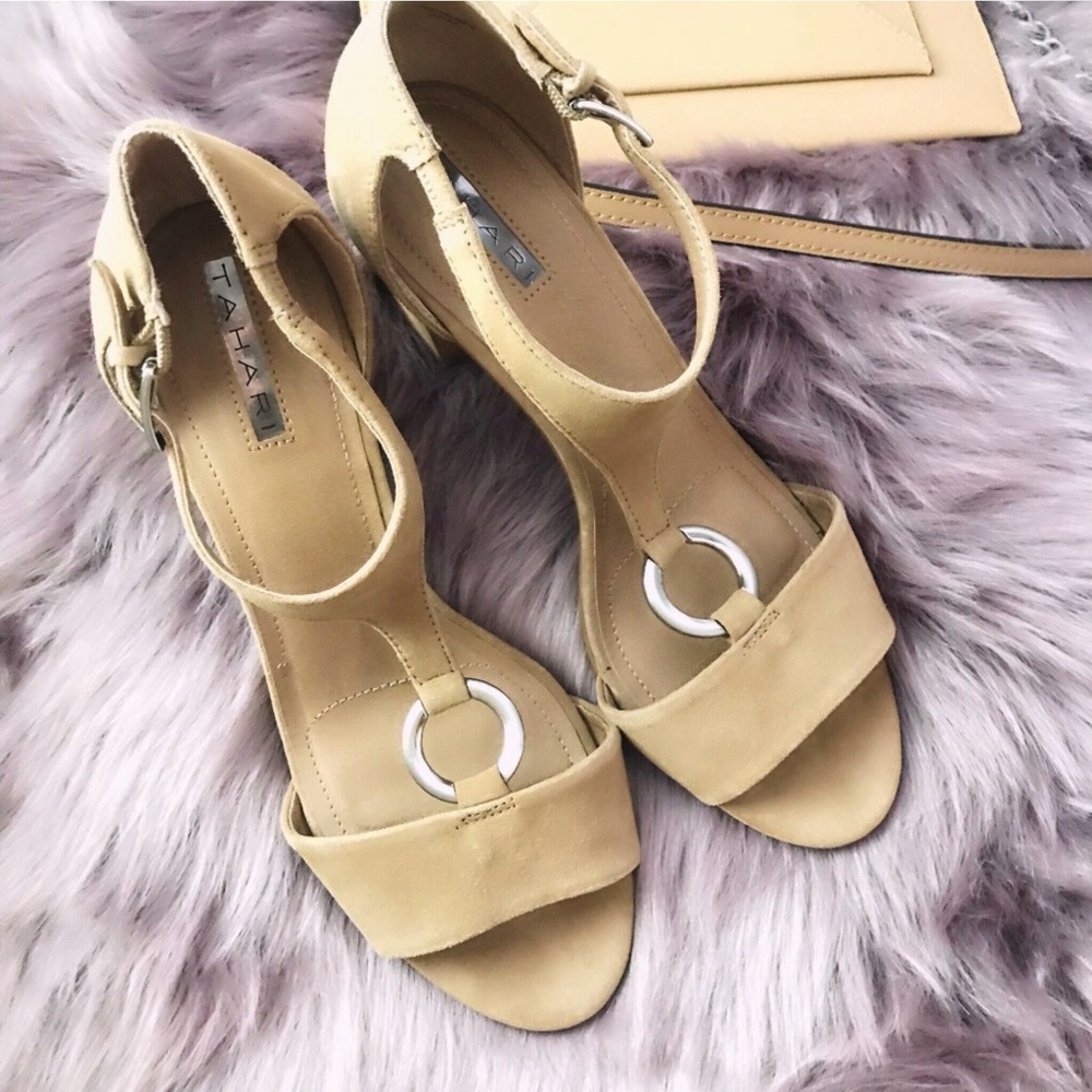 Tahari Norma Sling Back Open Toe T-Strap Tan Suede Leather Heels Womens 10 NWOB - Picture 7 of 15